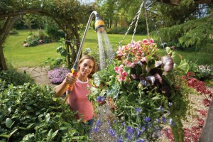 Woman watering a basket